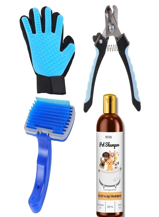 مجموعة العناية بالحيوانات الأليفة مع قفاز لإزالة الشعر الزائد، وفرشاة، ومقص أظافر، ومجموعة شامبو للكلاب (عبوة من 4 قطع) - Image 1